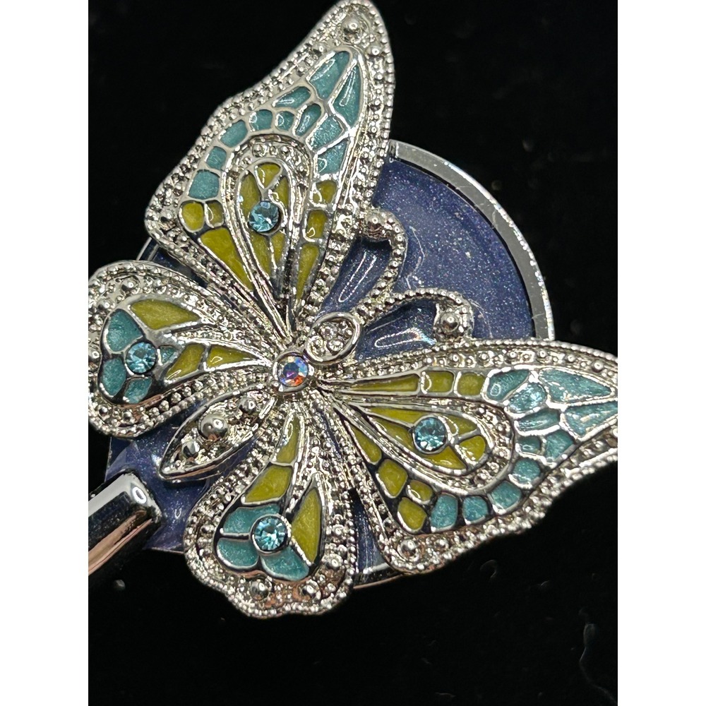 Butterfly Purse Hook Bag Hanger Enamel Rhinestone Silver Tone Blue Green